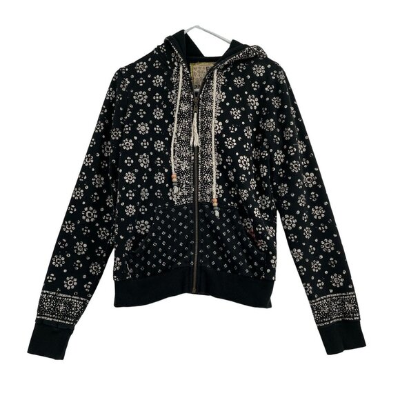 Billabong Juniors Floral Beach BOHO Full Zip Hoodie  Size L Black Print - Picture 1 of 8